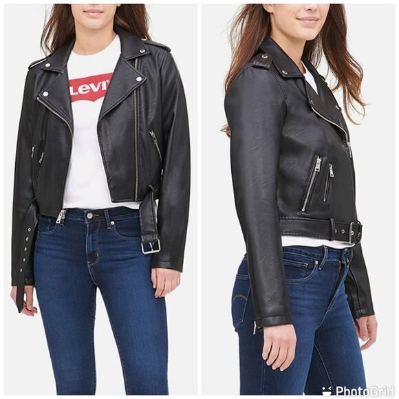 NWT Levi's  Faux Leather Belted Motorcycle Jacket - Black - Picture 3 of 16